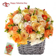 Mix Rose Basket - 24 Mix Roses Basket & Valentine Greeting Card