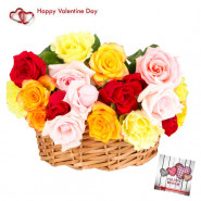 Mix Love Basket - 18 Mix Roses Basket & Valentine Greeting Card