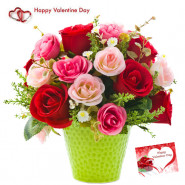 Red N Pink Vase - 15 Red & Pink Roses Vase & Valentine Greeting Card