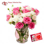 Pink N White Vase - 18 Pink & White Roses Vase & Valentine Greeting Card