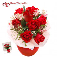 Ten Red Roses - 10 Red Roses Vase & Valentine Greeting Card