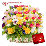 Mix Big Flowers - 100 Assorted Flowers Basket & Valentine Greeting Card