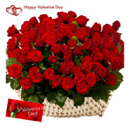 Red Basket Of Love - 100 Red Roses Basket & Valentine Greeting Card