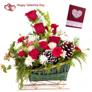 Sweet Sixteen - 6 Red Roses With 10 White N Red Carnations Basket & Valentine Greeting Card