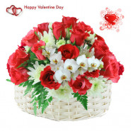 Roses N Glads - 30 Red Roses With White Glads Basket & Valentine Greeting Card