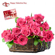 Basket Of Pink - 25 Pink Roses In Basket & Valentine Greeting Card