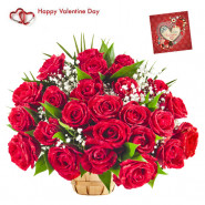 Rose Basket - 75 Red Roses In Basket & Valentine Greeting Card