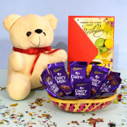 Chocolaty Teddy - Teddy Bear 6 inches, 10 Cadbury Dairy Milk in Basket and Card