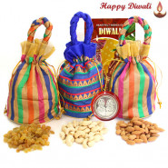 Decorative Trio - Cashewnuts in Potli (D), Almonds in Potli (D), Raisins in Potli (D) with Laxmi-Ganesha
