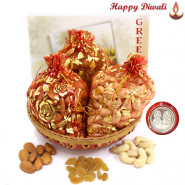 Crunchy Basket - Almonds in Potli, Cashewnuts in Potli & Raisins in Potli with Basket with Laxmi-Ganesha