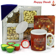 Mug N Dryfruit - Assorted Dryfruits, Happy Diwali Mug with 4 Diyas and Laxmi-Ganesha Coin