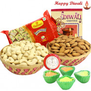 Papdi Crunch - Haldiram Soan Papdi 250 gms, Almonds 100 gms Basket & Cashews 100 gms Basket with 4 Diyas and Laxmi-Ganesha Coin