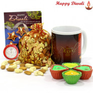 Potli N Mug  - Cashew Almond Potli, Happy Diwali Mug with 4 Diyas and Laxmi-Ganesha Coin