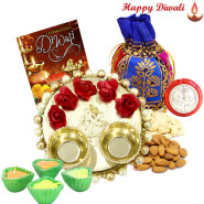 Serene Crunch - Almonds Cashews in Potli (D), Elegant Ganesh Thali with Flowers & Perals with 4 Diyas and Laxmi-Ganesha Coin