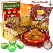 All You Think Of - Cashew Almond in Box, Kanpuri Laddo 250 gms, 2 Haldiram Namkeen, Decorative Thali with 4 Diyas and Laxmi-Ganesha Coin