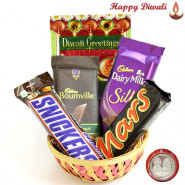 Four Times - Bournville, Dairy Milk Silk, Snicker, Mars in Basket with Laxmi-Ganesha Coin