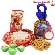 Badam Potli - Almonds 100 gms in Potli (D), Kaju Katli, Decorative Thali with 4 Diyas and Laxmi-Ganesha Coin