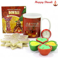 Cashew Mug - Kaju Katli, Happy Diwali Mug with 4 Diyas and Laxmi-Ganesha Coin