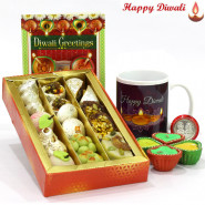 Mix Combo - Kaju Mix, Happy Diwali Mug with 4 Diyas and Laxmi-Ganesha Coin