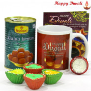 Mug Full Sweets - Haldirams Gulab Jamun 500 gms ,Happy Diwali Mug with 4 Diyas and Laxmi-Ganesha Coin