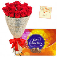 Ever Caring Love - 20 Red Roses + Cadbury's Celebrations Pack + Card