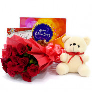Soft Love - 10 Red Roses Bunch + Teddy 6" + Cadbury's Celebration Pack + Card