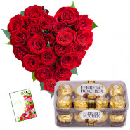 Hearty Ferrero - Heart Shaped Arrangement 25 Red Roses, Ferrero Rocher 16 Pcs + Card