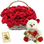Touch of Love - 15 Red Roses Basket, Ferrero Rocher 4 Pcs, Teddy Bear 6 inch + Card