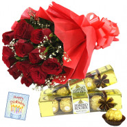 Double Roses - 10 Red Roses Bunch, 2 Ferrero Rocher 4 Pcs each + Card