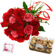 Deep Romance - 6 Red & 6 Pink Roses, Ferrero Rocher 16 Pcs + Card
