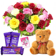 Mix N Match - Basket of 15 Mix Roses, 2 Dairy Milk, Fruit & Nut, Teddy 6 inch + Card