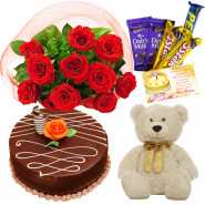 Fun for All - 12 Red Roses Bunch, 5 Assorted Bars, 1/2 Kg Chocolate Cake, Teddy 6 inch + Card