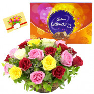 Goodies of Love - Basket Of 20 Mix Roses, Cadbury Celebration + Card