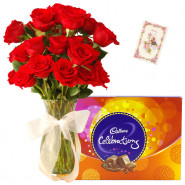Love Attachment - 10 Red Roses in Vase, Cadbury Celebration + Card