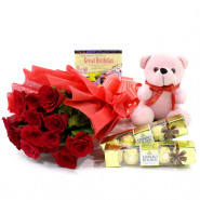 Chocolaty Rose - 12 Red Roses Bouquet, 2 Ferrero Rocher 4 Pcs, Teddy 6 inch + Card