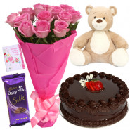 Lovely N Sweet - 10 Pink Roses, 1/2 Kg Cake, Dairy Milk Silk, Teddy 6 inch + Card