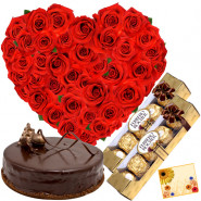 Heart of Chocolate - Heart Shaped Basket of 35 Red Roses, 2 Ferrero Rocher 4 Pcs, Chocolate Cake 1/2 Kg + Card