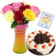 Love n Care - 10 Mix Roses in Vase, 1/2 kg Cake + Card