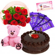 Superabundant Combo - 12 Red Roses Bunch, 1/2 Kg Cake, Teddy Bear 6 inch, 5 Dairy Milk + Card