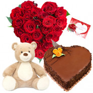 Softy Roses Hamper - 25 Red Roses Heart Shape Arrangement, 1 KG Heart Shape Cake, Teddy 6 inch+ card