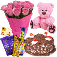 Exemplary Treat - 12 Pink Roses Bunch, 1/2 Kg Cake, Teddy Bear 6 inch, 5 Assorted Bars + Card