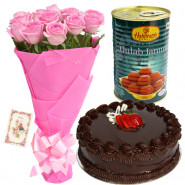 Sensational Combo - 12 Pink Roses in Bunch, 1/2 Kg Cake, Gulab Jamun + Card