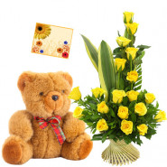 Yellow Basket - Basket of 15 Yellow Roses + Teddy 6 inch + Card