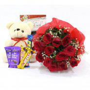 Red Heart Assortment - 10 Red Roses Bunch, Teddy 8 inch, 5 Assorted Bars + Card