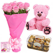 Pink Roses N Ferrero - 10 Pink Roses Bunch, Teddy 6 inch, Ferrero Rocher 16 pcs + Card