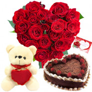 Hearty Trio - Heart Shaped 25 Red Roses, Teddy with Heart 6 inch, 1 Kg Heart Cake + Card