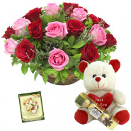 Red N Pink Combo - 15 Red & Pink Roses in Basket, Teddy 6 inch with Heart, Ferrero Rocher 4 pcs + Card