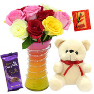 Silky Vase - Vase of 10 Mix Roses + Teddy 6 Inches + Dairy Milk Silk + Card