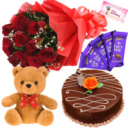 Teddy Joy - 10 Red Roses + Teddy 6 inch + Half KG Cake + 5 Dairy Milk + Card