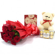 Miles of Smiles - 12 Red Roses + Ferrero Rocher 16 pcs + Teddy 6" + Card